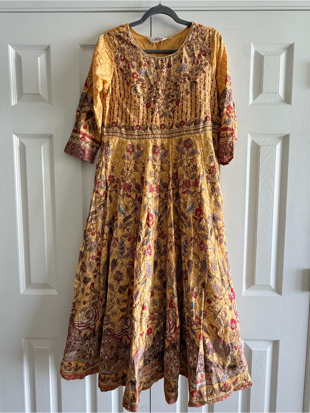 BIBA Mustard Floral Kurta | Boho Indian Tunic Dress | Maxi Length